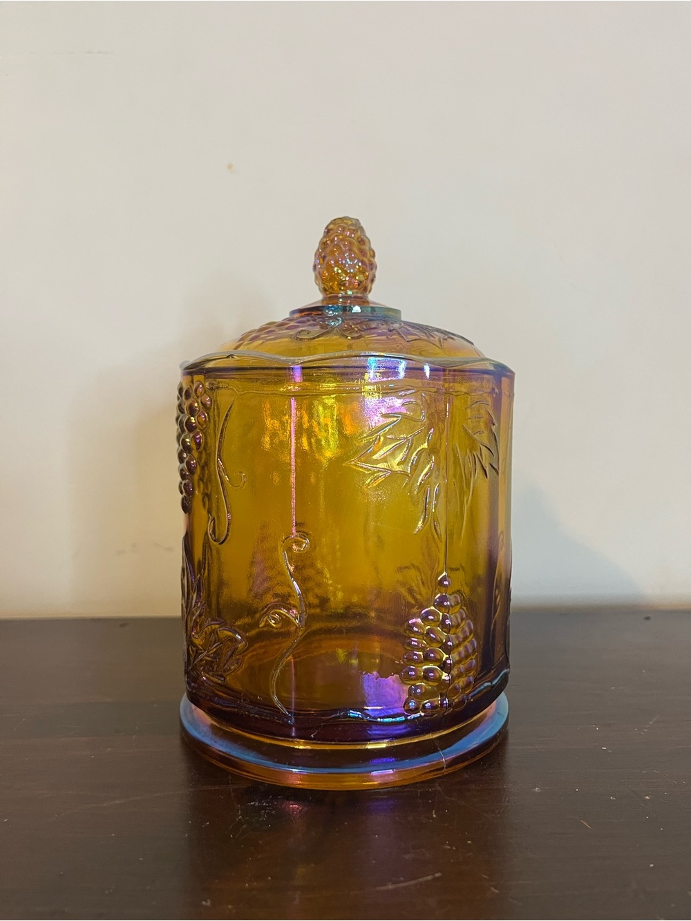 Vintage Indiana marigold carnival glass canister jar 7"